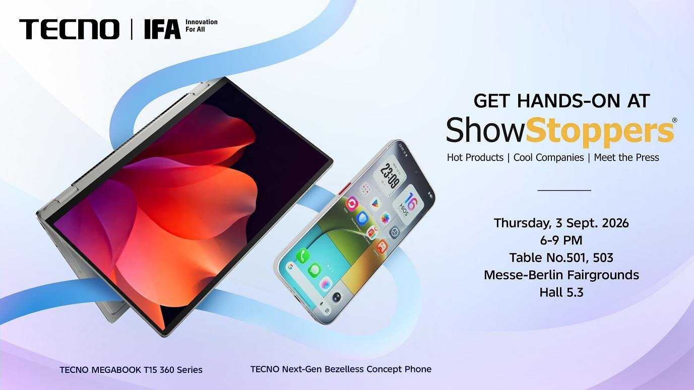 TECNO Will Bring Next-Gen Bezelless Concept Phone and 360° Hinge MEGABOOK T15 360 Pro to IFA ShowStoppers 2026