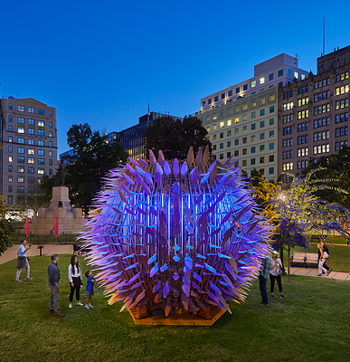 Art Ave sculpture: Living Lantern by NEON and Frankie Boyle Studio, distributed by Wireframe Public Art Agency, in the Golden Triangle’s Farragut Square. [Photo by Anice Hoachlander]