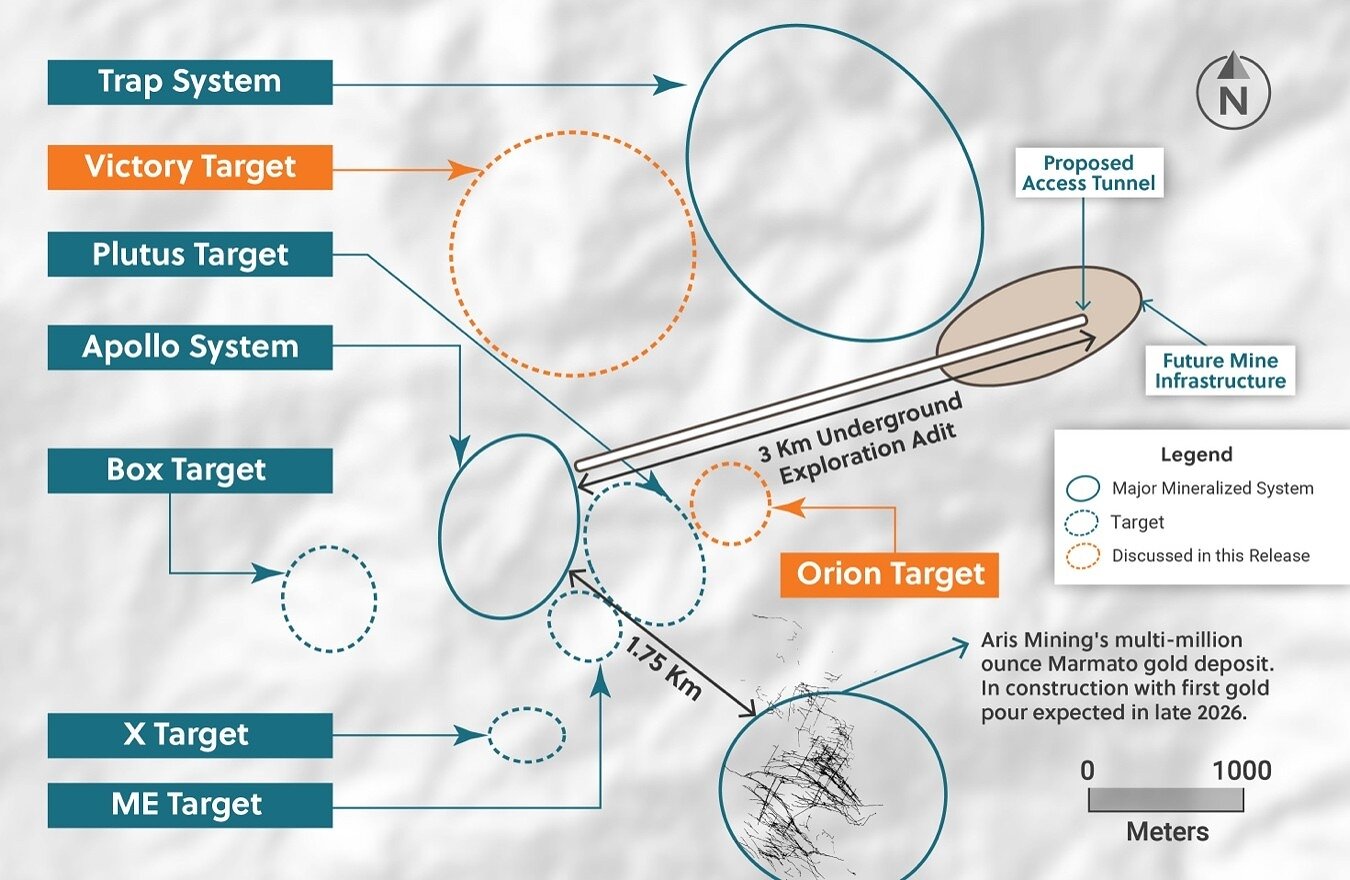 Figure 1: Location Map of the Guayabales Project Targets Including the Orion and Victory Targets, Showing their Proximity to the Exploration Adit, the Apollo Deposit and Proposed Infrastructure Figure 1: Location Map of the Guayabales Project Targets Including the Orion and Victory Targets, Showing their Proximity to the Exploration Adit, the Apollo Deposit and Proposed Infrastructure