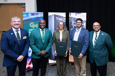 Dean Cody Edwards, President Gregory Washington, TreQ CEO Mandy Birch, QSEC Director Patrick Vora, and George Mason Rector Sumeet Shrivastava. Photo by Ron Aira/Office of University Branding Dean Cody Edwards, President Gregory Washington, TreQ CEO Mandy Birch, QSEC Director Patrick Vora, and George Mason Rector Sumeet Shrivastava. Photo by Ron Aira/Office of University Branding