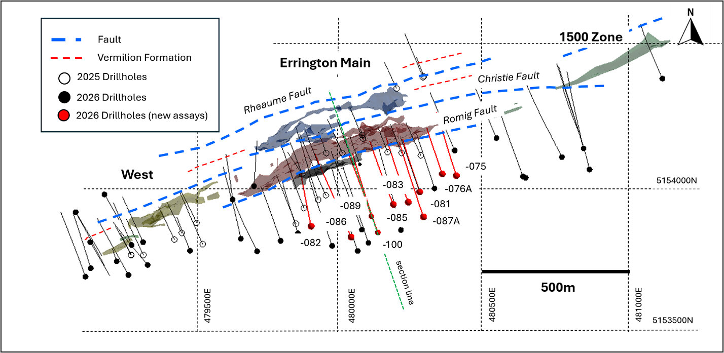 Figure 1. Location of 2026 Errington drill holes with assay results reported here.