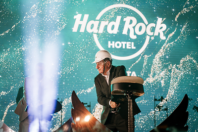 Silvio Debono, Chairman of DB Group, smashes his guitar at the historic opening of Hard Rock Hotel Malta on September 2, 2026. Photo Credit: Hard Rock Hotel Malta.