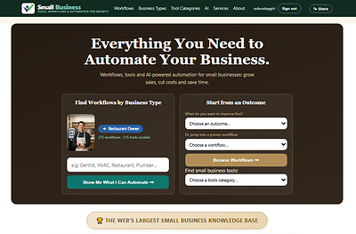 SmallBiz.ai helps small businesses turn AI into more sales, lower costs and simpler operations using the AI powered automations for 500 small business types - 275+ workflows, 67K tools knowledge base, 120+ AI cost decision engines. SmallBiz.ai is automations destination for small business owners looking to accelerate growth in AI age. 