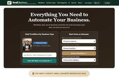 SmallBiz.ai helps small businesses turn AI into more sales, lower costs and simpler operations using the AI powered automations for 500 small business types - 275+ workflows, 67K tools knowledge base, 120+ AI cost decision engines. SmallBiz.ai is automations destination for small business owners looking to accelerate growth in AI age. SmallBiz.ai helps small businesses turn AI into more sales, lower costs and simpler operations using the AI powered automations for 500 small business types - 275+ workflows, 67K tools knowledge base, 120+ AI cost decision engines. SmallBiz.ai is automations destination for small business owners looking to accelerate growth in AI age.