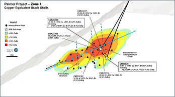 Figure 2. Zone 1 CuEq grade shells with CMR26-199 and CMR26-201 pierce points. CuEq values are calculated using the assumptions set out in the Notes to Table 1.