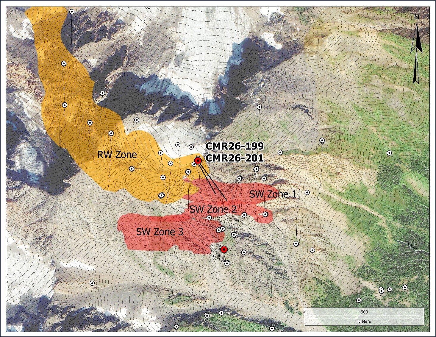 Figure 1. Zone 1 drill hole collars with CMR26-199 and CMR26-201 pierce points. See Table 2 for collar coordinates.