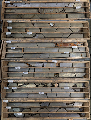 Figure 3. Mineralization in CMR26-199, including 13.1 meters grading 9.03% Cu, 1.83% Zn and 42.74 g/t Ag (10.3% CuEq*) from 331.6 to 344.7 meters downhole. See the Note regarding drill core photographs.