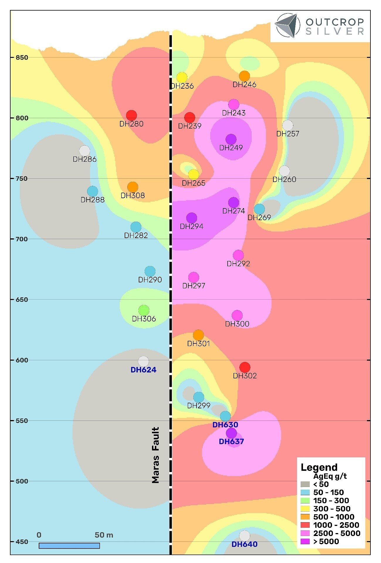 Figure 7. Longitudinal section of the Maras vein showing drill pierce points, looking east. Contours represent the interpolation of grade (AgEq g/t) multiplied by estimated true width (metres) using the Spline algorithm in QGIS for visualization purposes only and not representative of a mineral resource estimate.