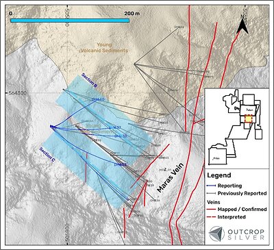 Figure 4. Plan view of the Las Maras target showing the drill holes reported in this release (Table 2). Coordinates are in the UTM system, zone 18N, and WGS84 projection.