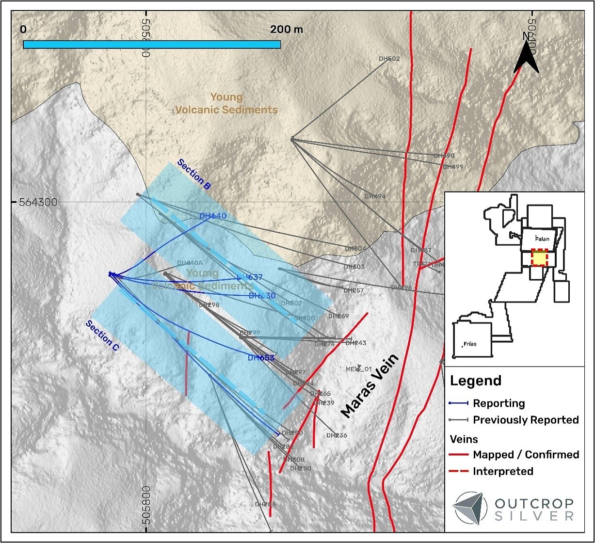 Figure 4. Plan view of the Las Maras target showing the drill holes reported in this release (Table 2). Coordinates are in the UTM system, zone 18N, and WGS84 projection.