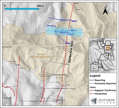 Figure 1. Plan view of the Santa Ana vein showing the drill holes reported in this release (Table 1). Coordinates are in the UTM system, zone 18N, and WGS84 projection.