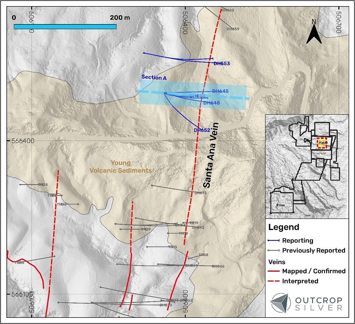 Figure 1. Plan view of the Santa Ana vein showing the drill holes reported in this release (Table 1). Coordinates are in the UTM system, zone 18N, and WGS84 projection.