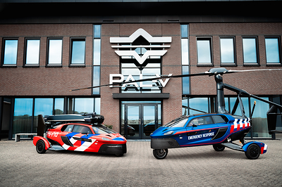 PAL-V FlyDrive vehicles configured for Emergency Response and Dutch Fire Brigade operations, displayed in drive and flight mode at the company's headquarters in the Netherlands.