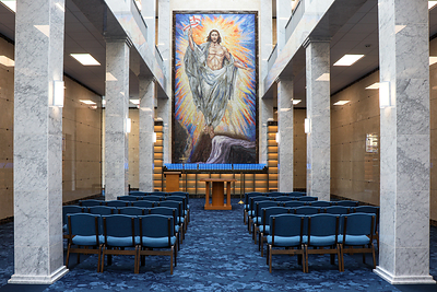 Chapel Mausoleum of the Resurrection - The new Chapel Mausoleum of the Resurrection features elegant marble crypts, glass-and-marble cremation niches, and a new chapel section dedicated exclusively to cremations. It also features several magnificent works of art, including a two-story mosaic of Jesus Christ bursting out of the tomb in brilliant, bright colors.
