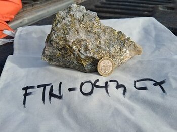 Figure 3 – Sample FTN-043-L7 taken from Level 7 displaying copper sulphide ore. Figure 3 – Sample FTN-043-L7 taken from Level 7 displaying copper sulphide ore.