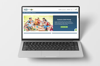 NB Marketplace displayed on a laptop, providing eligible USAA members with access to discounted wellness, financial, and pet care benefit packages through a convenient online shopping experience.