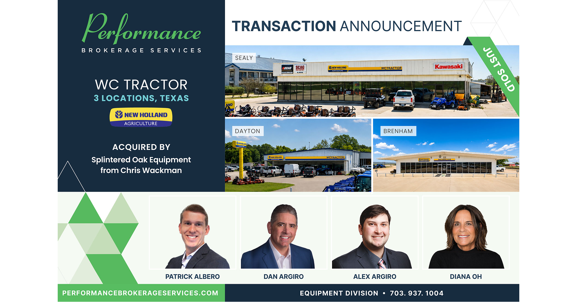 Performance Brokerage Services Advises on the Sale of WC Tractor in Brenham, Dayton, and Sealy, Texas from Chris Wackman to Splintered Oak Equipment