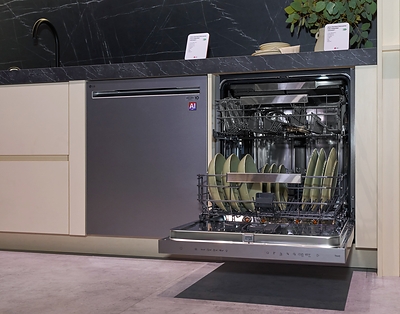 The built-in LG Fit & Max dishwasher offers a 1-Hour Wash & Dry cycle and features QuadWash™ Pro and AI SenseClean™ technology for optimized cleaning and energy efficiency.