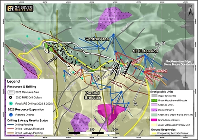 Figure 1: Location of San Marcial Step-Out Drill Holes SMS26-09, SMS26-10, SMS26-12, SMS26-13, SMS26-14, and SMS26-15 in SE Area.