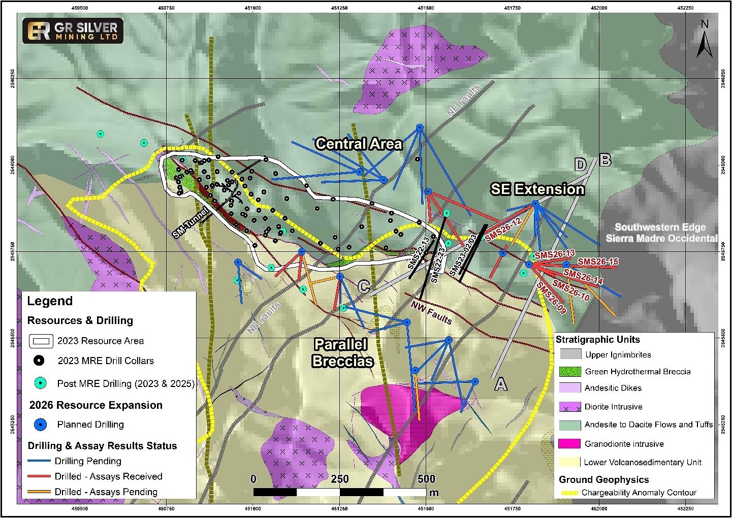 Figure 1: Location of San Marcial Step-Out Drill Holes SMS26-09, SMS26-10, SMS26-12, SMS26-13, SMS26-14, and SMS26-15 in SE Area.