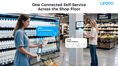 UROVO's SP35 Personal Shopper (left) helps a shopper navigate, scan and pay on the go, while the U100 Price Checker (right) lets a shopper verify pricing and compare products at the shelf. UROVO's SP35 Personal Shopper (left) helps a shopper navigate, scan and pay on the go, while the U100 Price Checker (right) lets a shopper verify pricing and compare products at the shelf.