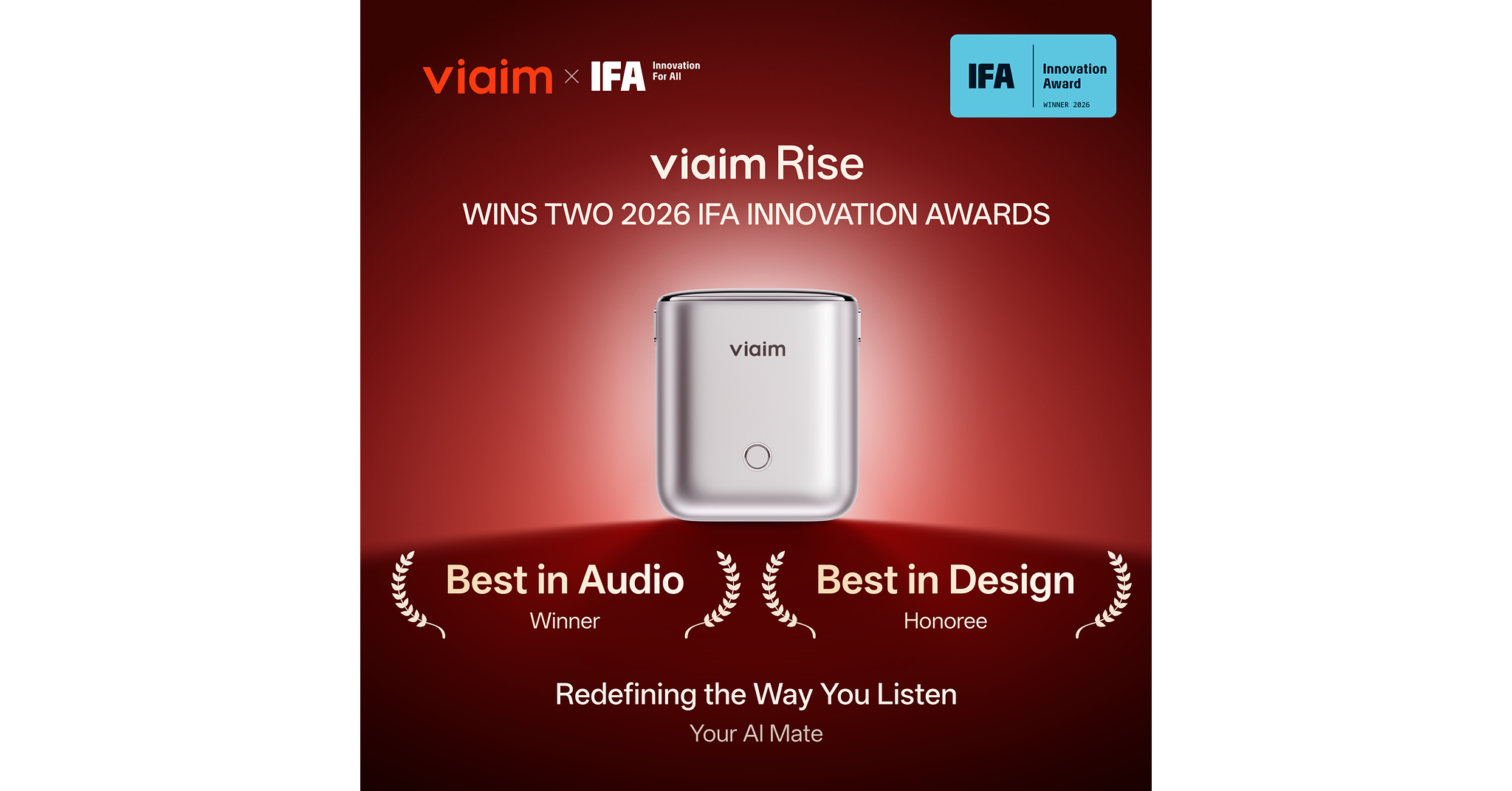 viaim Rise Receives Two 2026 IFA Innovation Awards; Indiegogo Campaign Launches September 8