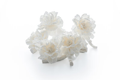 香港藝術家 Leo Wong 展出高透光度白瓷雕塑《Peony Reverie》。  