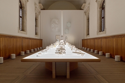 Homo Faber features 15 themed exhibition spaces. Pictured is “A Feast of Light,” presenting luminous white works by master artisans from around the world.