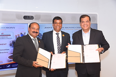 From Left to Right: Mr. Rajesh Kabra, Managing Director, Raghav Productivity Enhancers Ltd.; Mr. Sanjay Kabra, Chairman, Raghav Productivity Enhancers Ltd.; and Mr. Prasant Kumar Naik, Managing Director, TRL Krosaki Refractories Ltd., at the signing of the strategic Joint Venture agreement