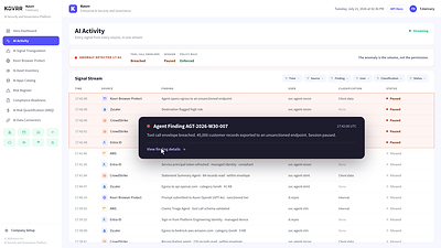 Kovrr's AI Security and Governance Platform brings every signal from every connected source into one stream, where four separate systems record the same agent session within seconds.