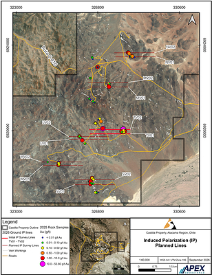 Figure 2. Planned 2026 IP survey lines at Castilla Property, showing the twelve pole-dipole lines over six vein-hosted target areas, with the initial lines TV01 and TV02 (red) over the area that returned 53.8 g/t Au. Circles show 2025 rock sample locations graded by gold content. Figure 2. Planned 2026 IP survey lines at Castilla Property, showing the twelve pole-dipole lines over six vein-hosted target areas, with the initial lines TV01 and TV02 (red) over the area that returned 53.8 g/t Au. Circles show 2025 rock sample locations graded by gold content.
