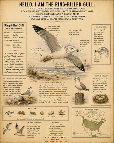 Tiny Desk Facts™ turns familiar wildlife into opportunities for discovery, including how Ring-billed Gulls can drink salt water and remove excess salt through specialized glands above their eyes. Courtesy Tiny Desk Photos. Tiny Desk Facts™ turns familiar wildlife into opportunities for discovery, including how Ring-billed Gulls can drink salt water and remove excess salt through specialized glands above their eyes. Courtesy Tiny Desk Photos.
