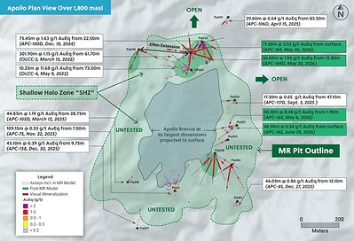 Figure 2: Apollo Plan View above 1,800 masl – Shallow Halo Zone and Mineral Resource Open Pit Outline. Figure 2: Apollo Plan View above 1,800 masl – Shallow Halo Zone and Mineral Resource Open Pit Outline.