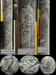 Figure 3. TCDH-006, principal intramineral porphyry and potassic alteration. Core at 347 and 384 meters (fine-grained aplitic granodiorite porphyry, logged as the principal intramineral phase) and at 369 meters (hydrothermal-magmatic breccia), with 10x hand-lens detail. Vt = veinlet type; K feld = potassium feldspar; Sec Bio = secondary biotite; Cpy = chalcopyrite; Py = pyrite; Mo = molybdenite. Selected intervals; all mineral identifications are visual and not confirmed by assay. 