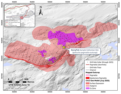 Figure 4: Principal pollucite pegmatite outcrop at the Vega Zone, CV13 Pegmatite (i.e., collection site for BerryPick). Figure 4: Principal pollucite pegmatite outcrop at the Vega Zone, CV13 Pegmatite (i.e., collection site for BerryPick).