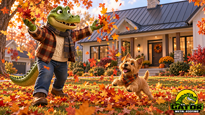 Al Gator and Chico enjoying a carefree fall with an energy-efficient and highly durable metal roofing.