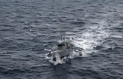 The MUSV Seahawk is the first medium uncrewed surface vessel to deploy operationally with a carrier strike group. The appearance of U.S. Department of War (DoW) visual information does not imply or constitute DoW endorsement.