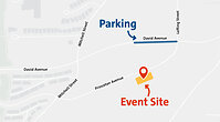 Map showing the event site on Princeton Avenue and parking along David Avenue, with directional arrows.