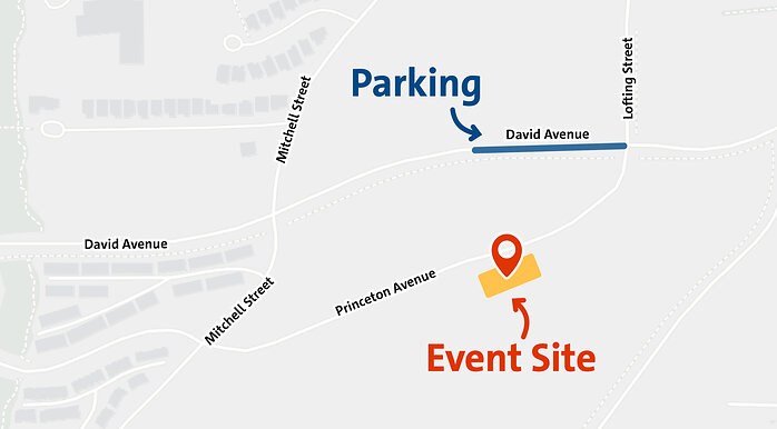 Map showing the event site on Princeton Avenue and parking along David Avenue, with directional arrows.