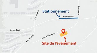 Carte montrant le site de l’événement sur l’avenue Princeton et le stationnement le long de l’avenue David, avec des flèches directionnelles.