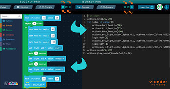 Toggle between Blocks, JavaScript and Python in Wonder Workshop's Blockly Pro by MORAVIA Education