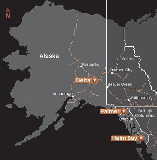 Figure 1: Map showing location of Vizsla Copper’s Palmer Project in relation to Delta and Helm Bay.