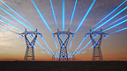 High-voltage transmission towers and power lines illustrated with glowing blue electrical currents.