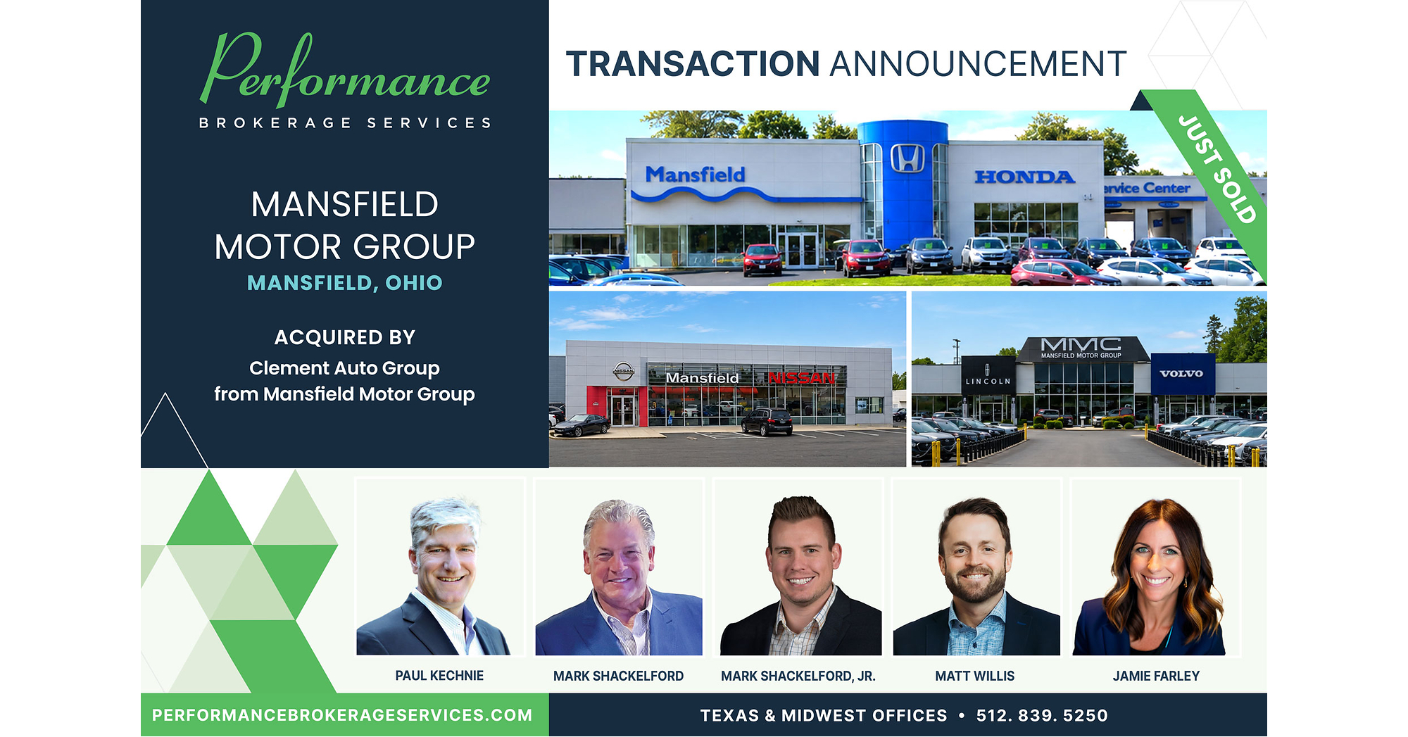 Performance Brokerage Services Advises on the Purchase of Mansfield Motor Group, a Three-Rooftop Nissan, Honda, and Volvo Dealership Group, in Mansfield, Ohio, from Dirk Schulter & Brett Schulter to Clement Auto Group