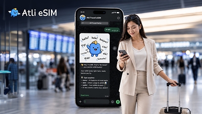 A traveler checks the Atli AI-powered eSIM service on WhatsApp at an airport terminal