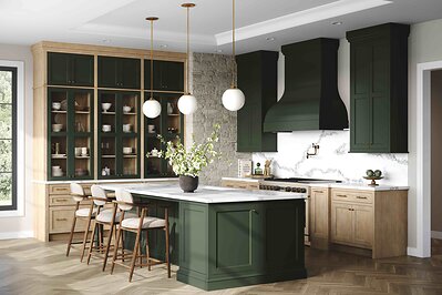 (Historic) Zanesville in Everpine on maple and Sandy Shore on quartersawn oak; glass door cabinets from Iconic line