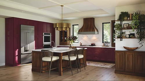 (Frameless) Evan Reverse Raised in Claret on maple; (Iconic) Evan Raised Panel in Natural on walnut (Frameless) Evan Reverse Raised in Claret on maple; (Iconic) Evan Raised Panel in Natural on walnut