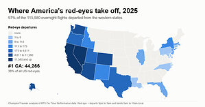 97% of America's Red-Eye Flights Take Off in the West, and Overnight Flying Is at a Record High, 26 Years of Federal Data Show