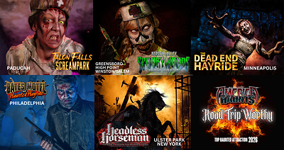 America Haunts’ 2026 Road Trip Worthy Top 5 features five haunted attractions across the country that give Halloween travelers a reason to hit the road. From left: Talon Falls Screampark, Spookywoods Haunted Attraction, Dead End Hayride, Bates Motel and Haunted Hayride, and Headless Horseman Hayrides and Haunted Attractions.