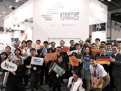 Representatives of Taiwan Startup Terrace gather at their national pavilion during IFA Berlin 2026.